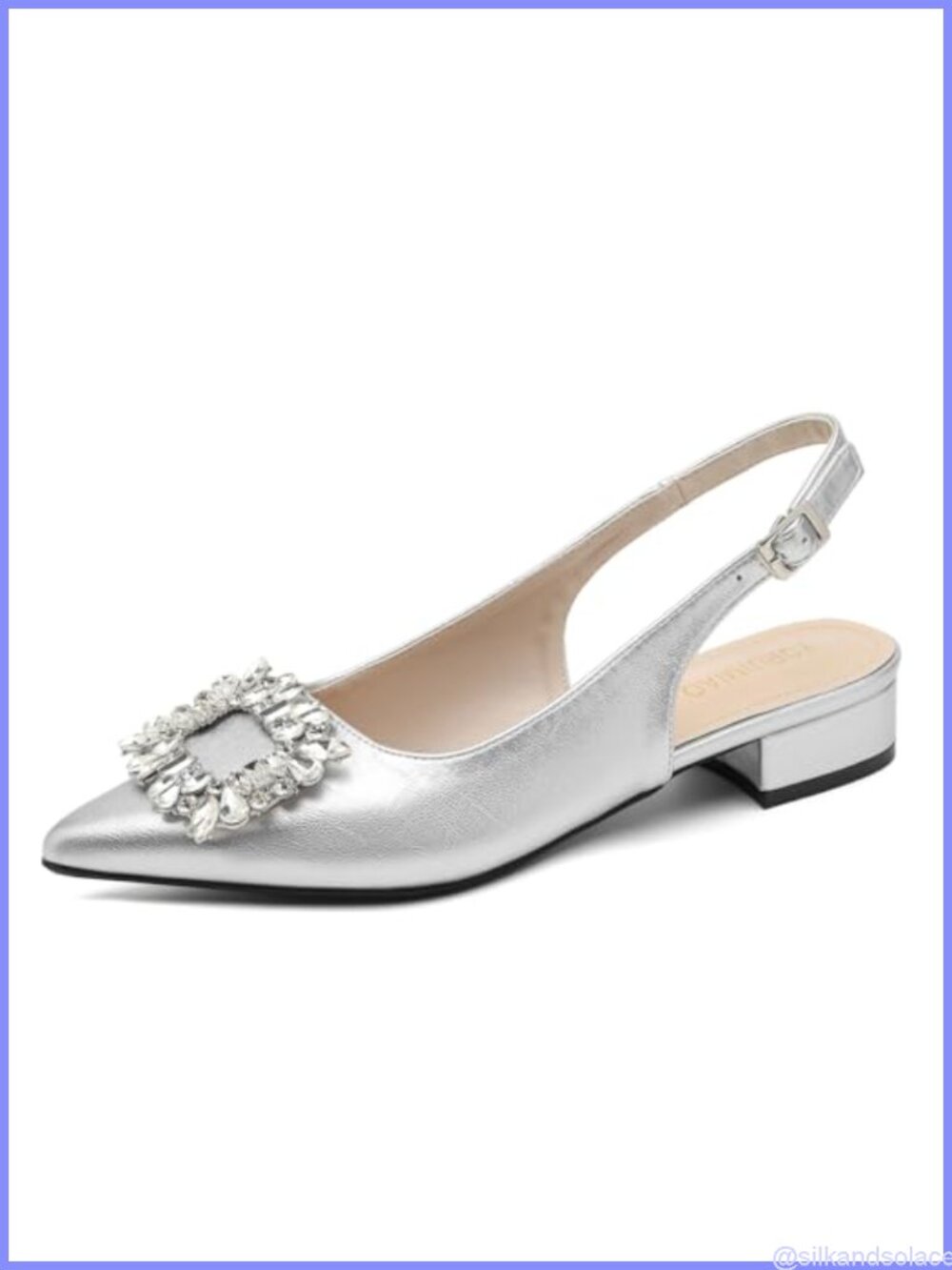 Slingback Low Heel Pumps Pointed Toe Rhinestone Buckle Sandals
